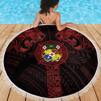 Tonga Independence Day Beach Blanket Tongatapu Lion Ngatu Motifs Black Ver. LT7 - Polynesian Pride