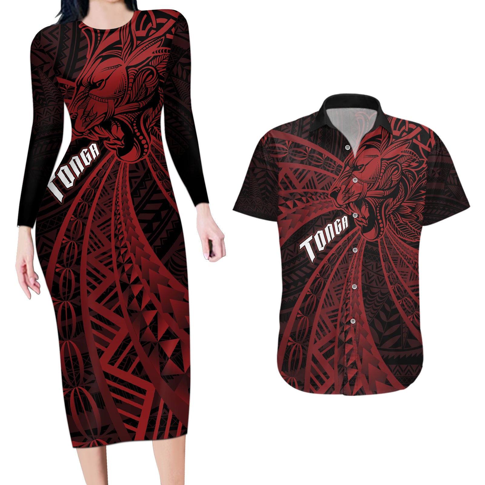 Tonga Independence Day Couples Matching Long Sleeve Bodycon Dress and Hawaiian Shirt Tongatapu Lion Ngatu Motifs Black Ver.