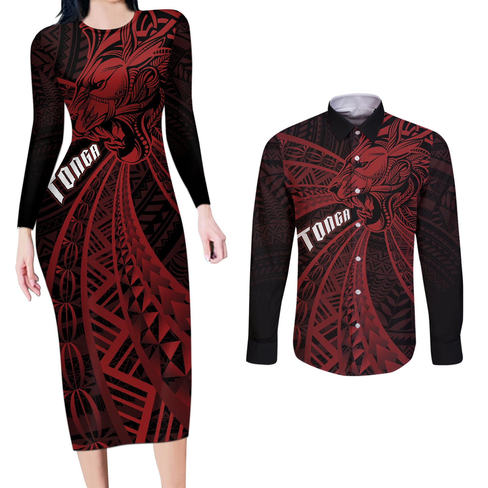 Tonga Independence Day Couples Matching Long Sleeve Bodycon Dress and Long Sleeve Button Shirt Tongatapu Lion Ngatu Motifs Black Ver.