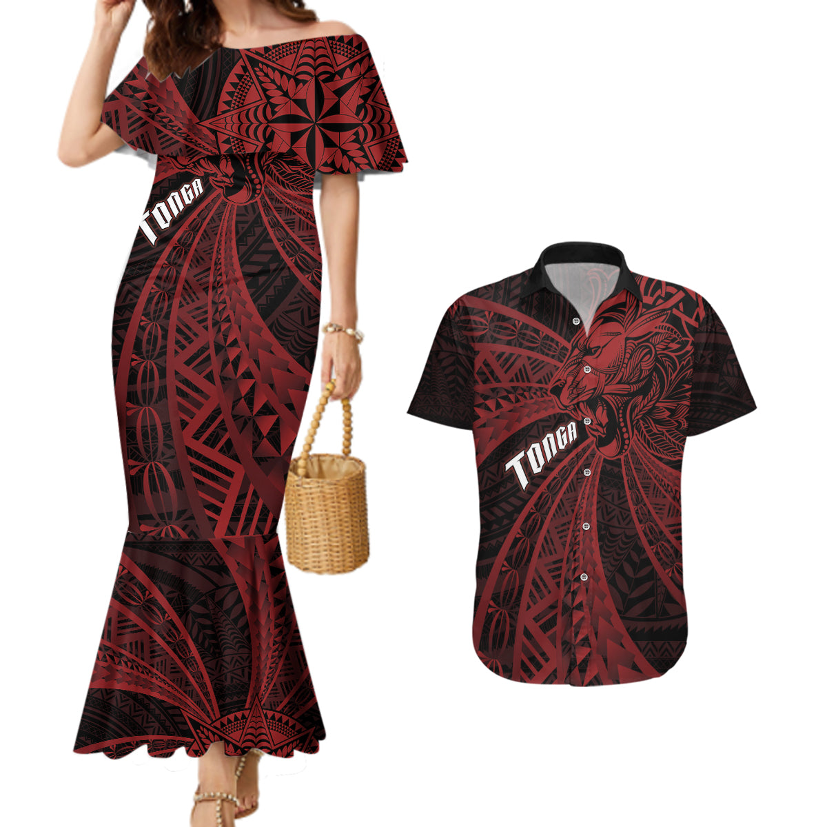 Tonga Independence Day Couples Matching Mermaid Dress and Hawaiian Shirt Tongatapu Lion Ngatu Motifs Black Ver.