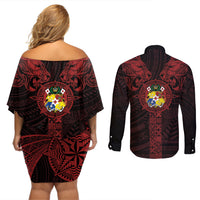 Tonga Independence Day Couples Matching Off Shoulder Short Dress and Long Sleeve Button Shirt Tongatapu Lion Ngatu Motifs Black Ver.