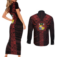 Tonga Independence Day Couples Matching Short Sleeve Bodycon Dress and Long Sleeve Button Shirt Tongatapu Lion Ngatu Motifs Black Ver.