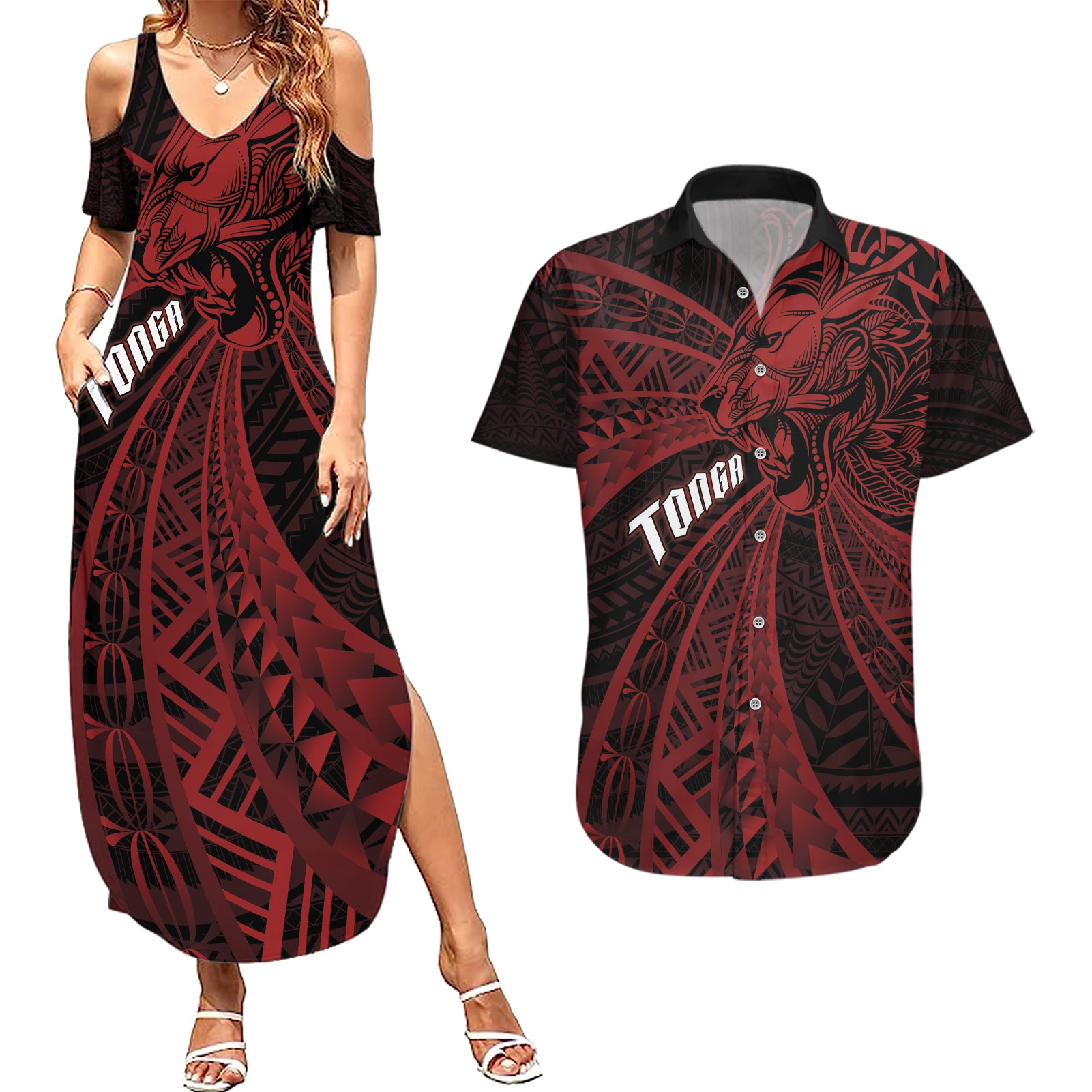 Tonga Independence Day Couples Matching Summer Maxi Dress and Hawaiian Shirt Tongatapu Lion Ngatu Motifs Black Ver.