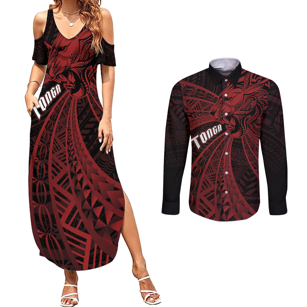 Tonga Independence Day Couples Matching Summer Maxi Dress and Long Sleeve Button Shirt Tongatapu Lion Ngatu Motifs Black Ver.