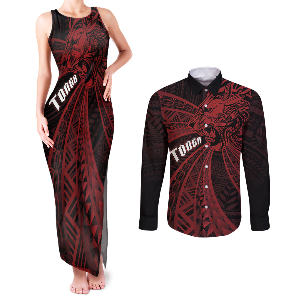 Tonga Independence Day Couples Matching Tank Maxi Dress and Long Sleeve Button Shirt Tongatapu Lion Ngatu Motifs Black Ver.