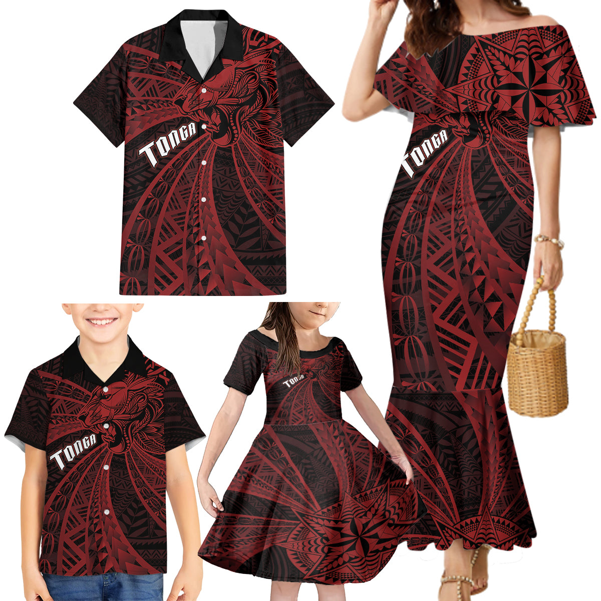 Tonga Independence Day Family Matching Mermaid Dress and Hawaiian Shirt Tongatapu Lion Ngatu Motifs Black Ver.