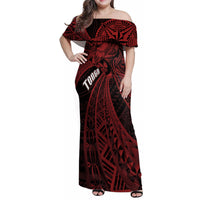 Tonga Independence Day Family Matching Off Shoulder Maxi Dress and Hawaiian Shirt Tongatapu Lion Ngatu Motifs Black Ver.