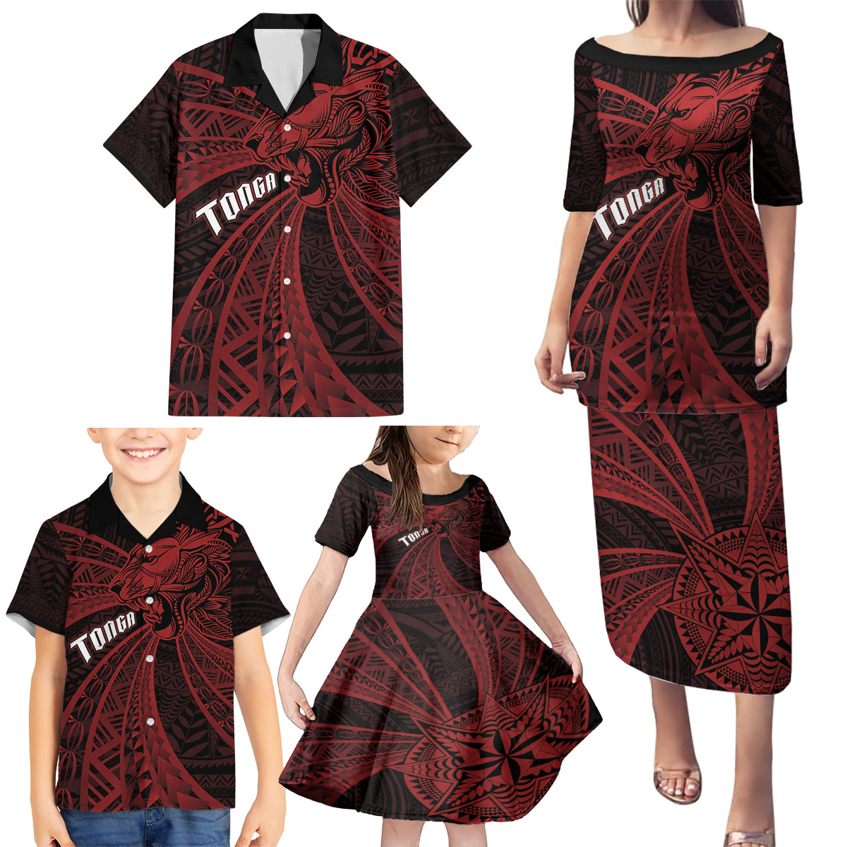 Tonga Independence Day Family Matching Puletasi and Hawaiian Shirt Tongatapu Lion Ngatu Motifs Black Ver.