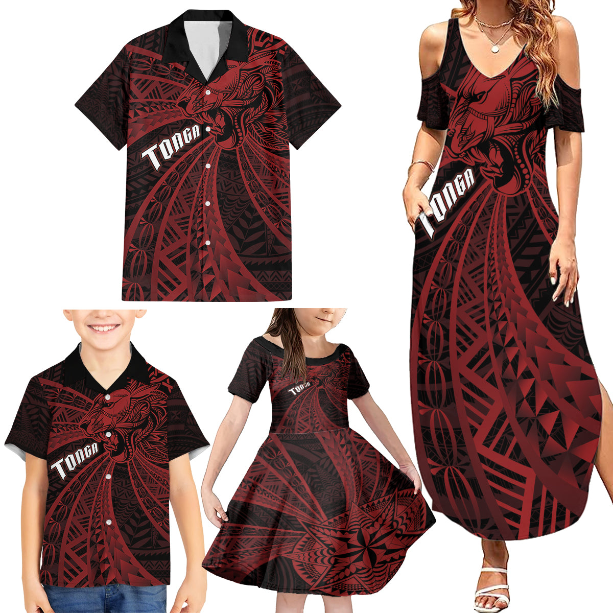 Tonga Independence Day Family Matching Summer Maxi Dress and Hawaiian Shirt Tongatapu Lion Ngatu Motifs Black Ver.