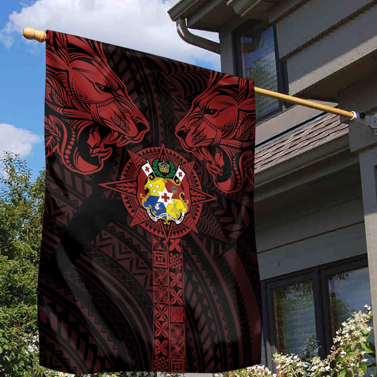 Tonga Independence Day Garden Flag Tongatapu Lion Ngatu Motifs Black Ver. LT7 - Polynesian Pride