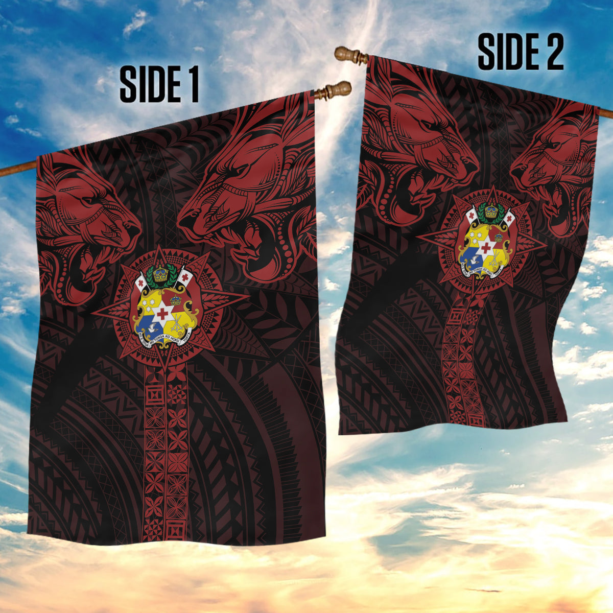 Tonga Independence Day Garden Flag Tongatapu Lion Ngatu Motifs Black Ver. LT7 - Polynesian Pride