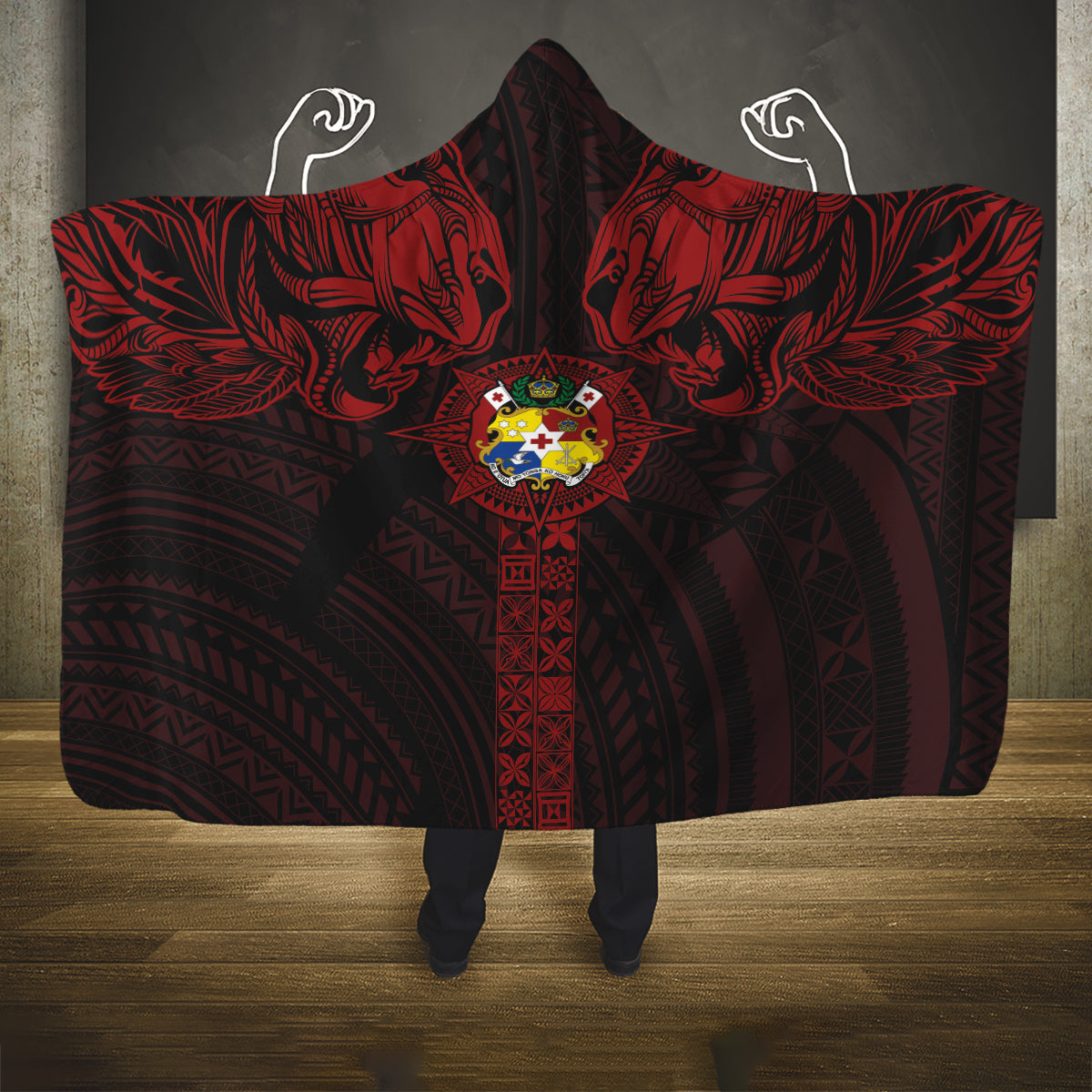 Tonga Independence Day Hooded Blanket Tongatapu Lion Ngatu Motifs Black Ver.