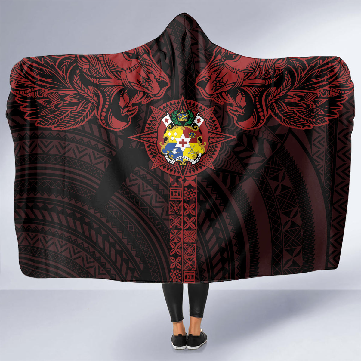 Tonga Independence Day Hooded Blanket Tongatapu Lion Ngatu Motifs Black Ver. LT7 - Polynesian Pride