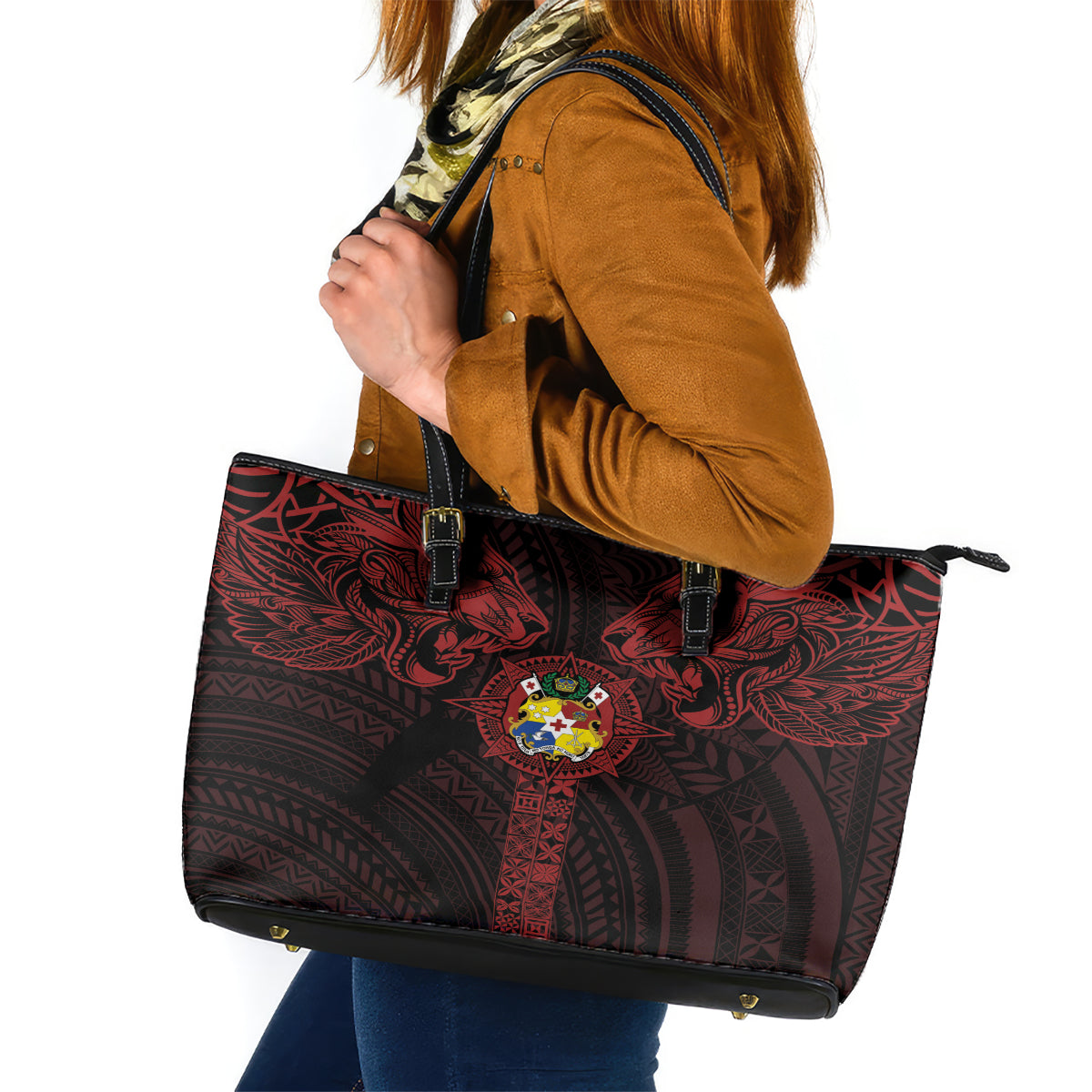 Tonga Independence Day Leather Tote Bag Tongatapu Lion Ngatu Motifs Black Ver. LT7 Black - Polynesian Pride