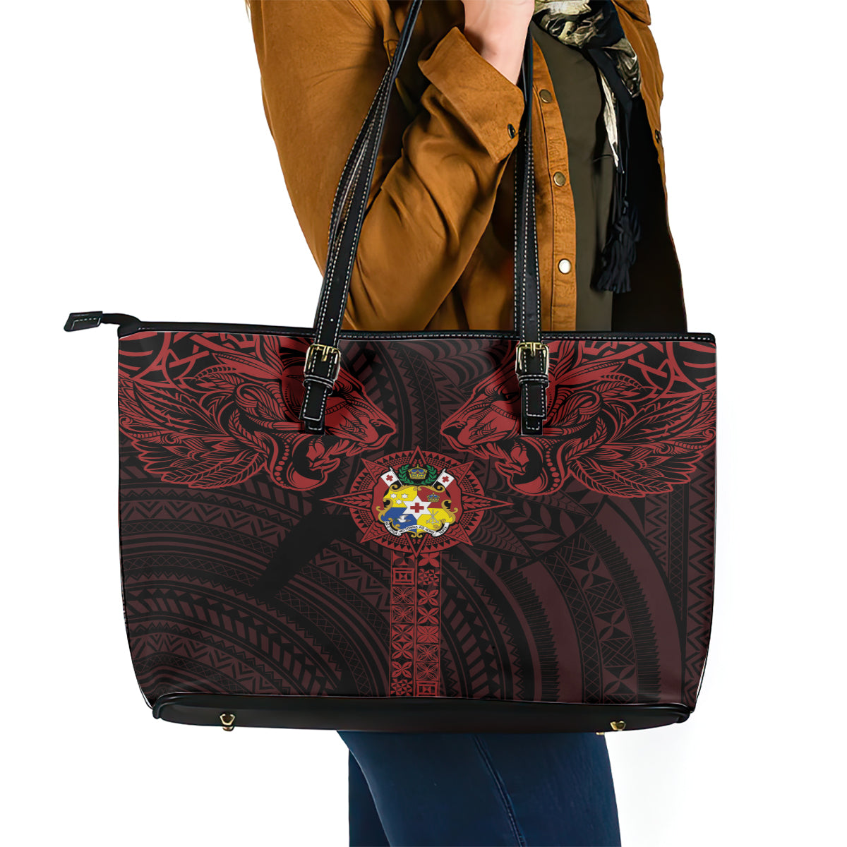 Tonga Independence Day Leather Tote Bag Tongatapu Lion Ngatu Motifs Black Ver. LT7 - Polynesian Pride