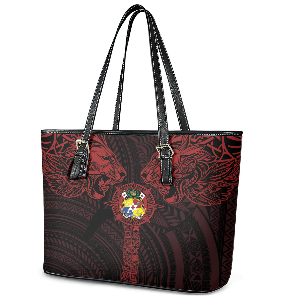 Tonga Independence Day Leather Tote Bag Tongatapu Lion Ngatu Motifs Black Ver. LT7 - Polynesian Pride
