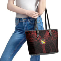 Tonga Independence Day Leather Tote Bag Tongatapu Lion Ngatu Motifs Black Ver. LT7 - Polynesian Pride