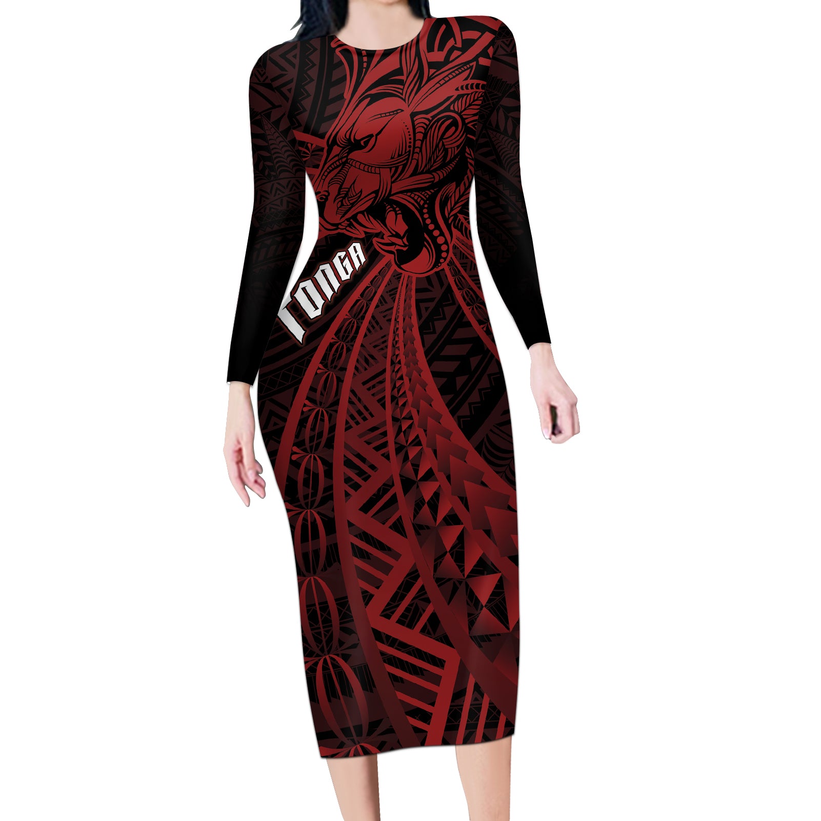 Tonga Independence Day Long Sleeve Bodycon Dress Tongatapu Lion Ngatu Motifs Black Ver.