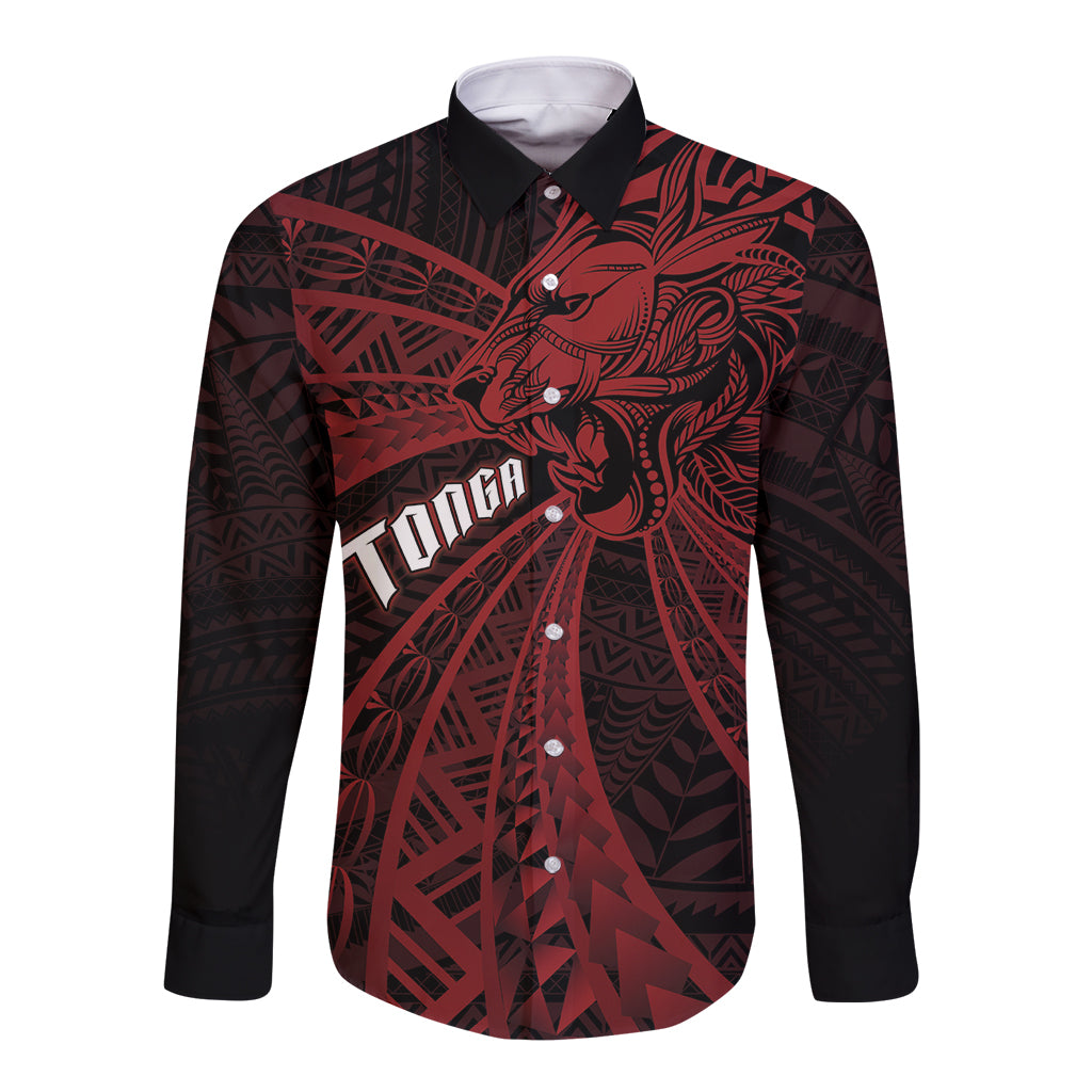 Tonga Independence Day Long Sleeve Button Shirt Tongatapu Lion Ngatu Motifs Black Ver.