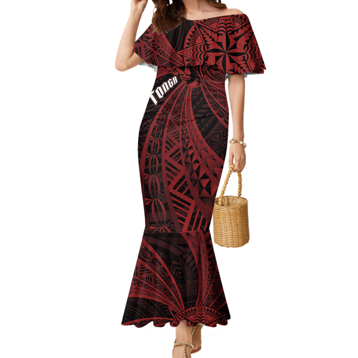 Tonga Independence Day Mermaid Dress Tongatapu Lion Ngatu Motifs Black Ver.