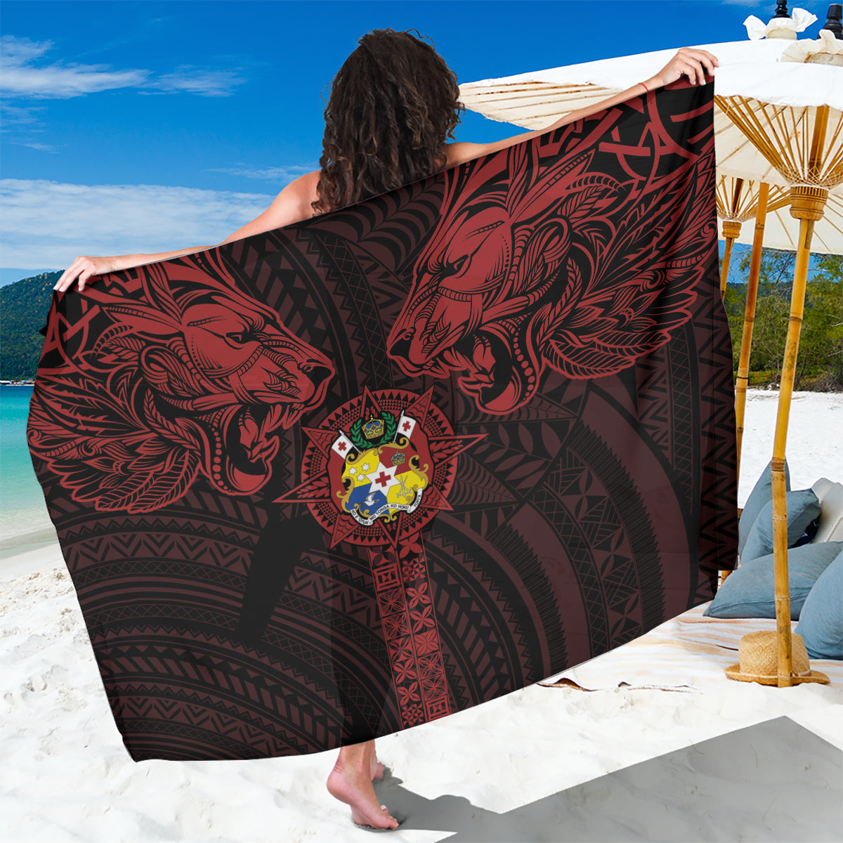 Tonga Independence Day Sarong Tongatapu Lion Ngatu Motifs Black Ver.