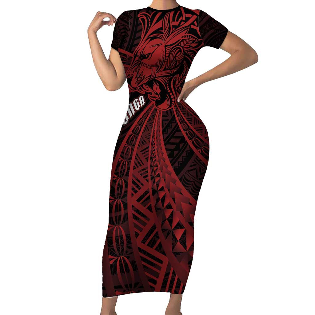 Tonga Independence Day Short Sleeve Bodycon Dress Tongatapu Lion Ngatu Motifs Black Ver. LT7