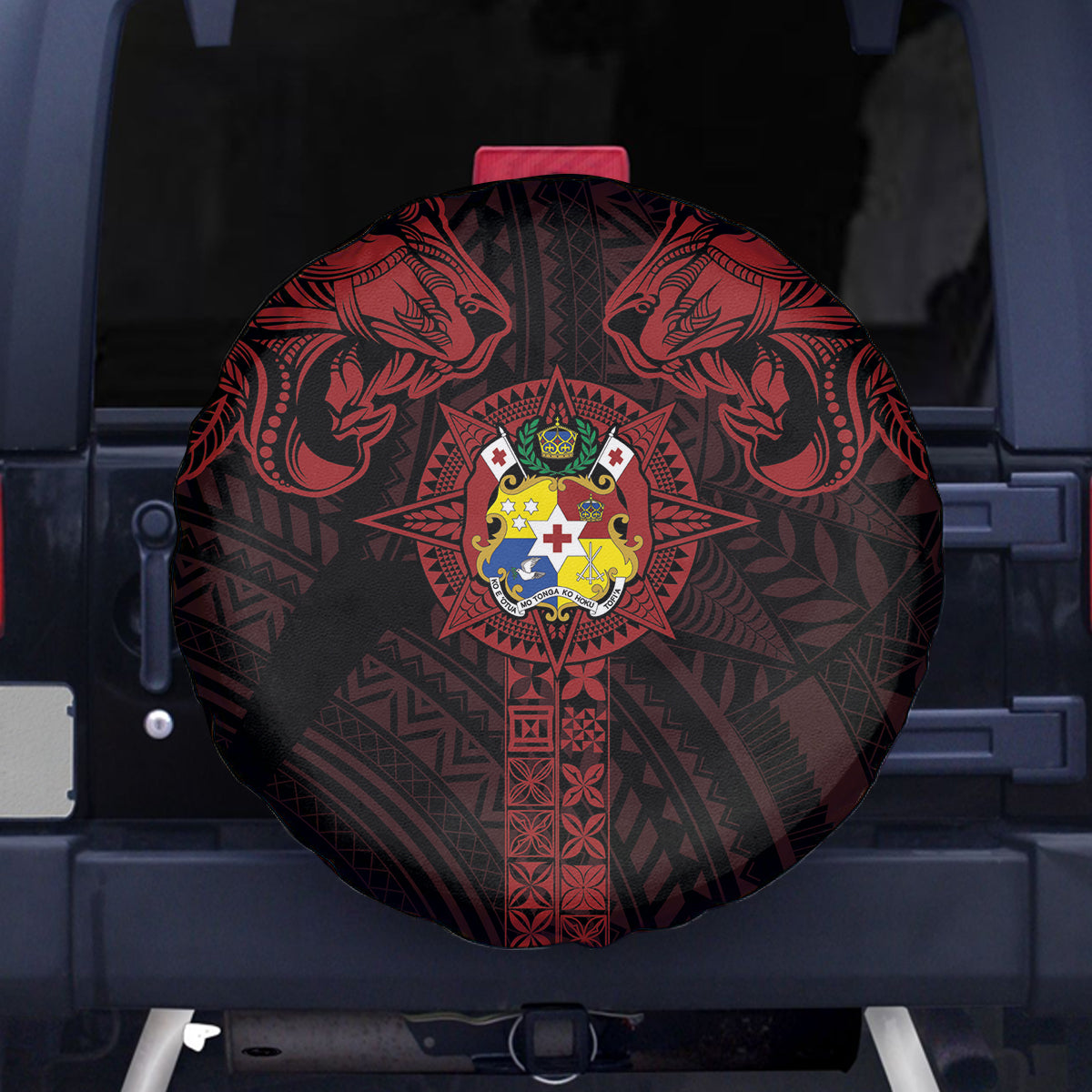 Tonga Independence Day Spare Tire Cover Tongatapu Lion Ngatu Motifs Black Ver. LT7 - Polynesian Pride