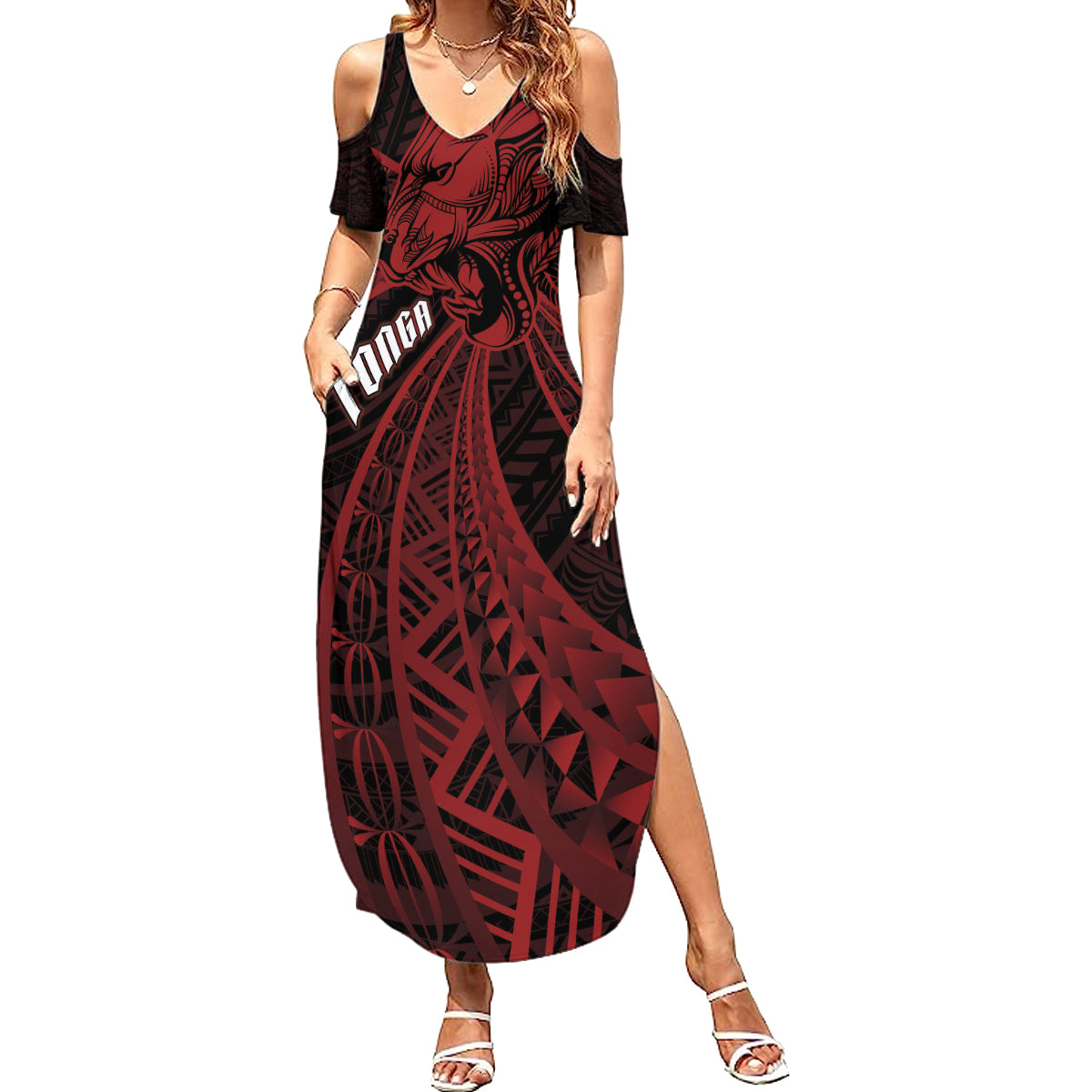 Tonga Independence Day Summer Maxi Dress Tongatapu Lion Ngatu Motifs Black Ver.