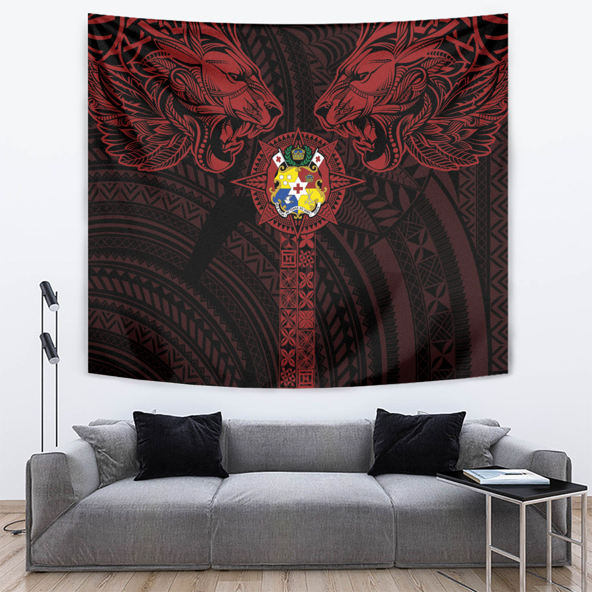 Tonga Independence Day Tapestry Tongatapu Lion Ngatu Motifs Black Ver. LT7 Black - Polynesian Pride