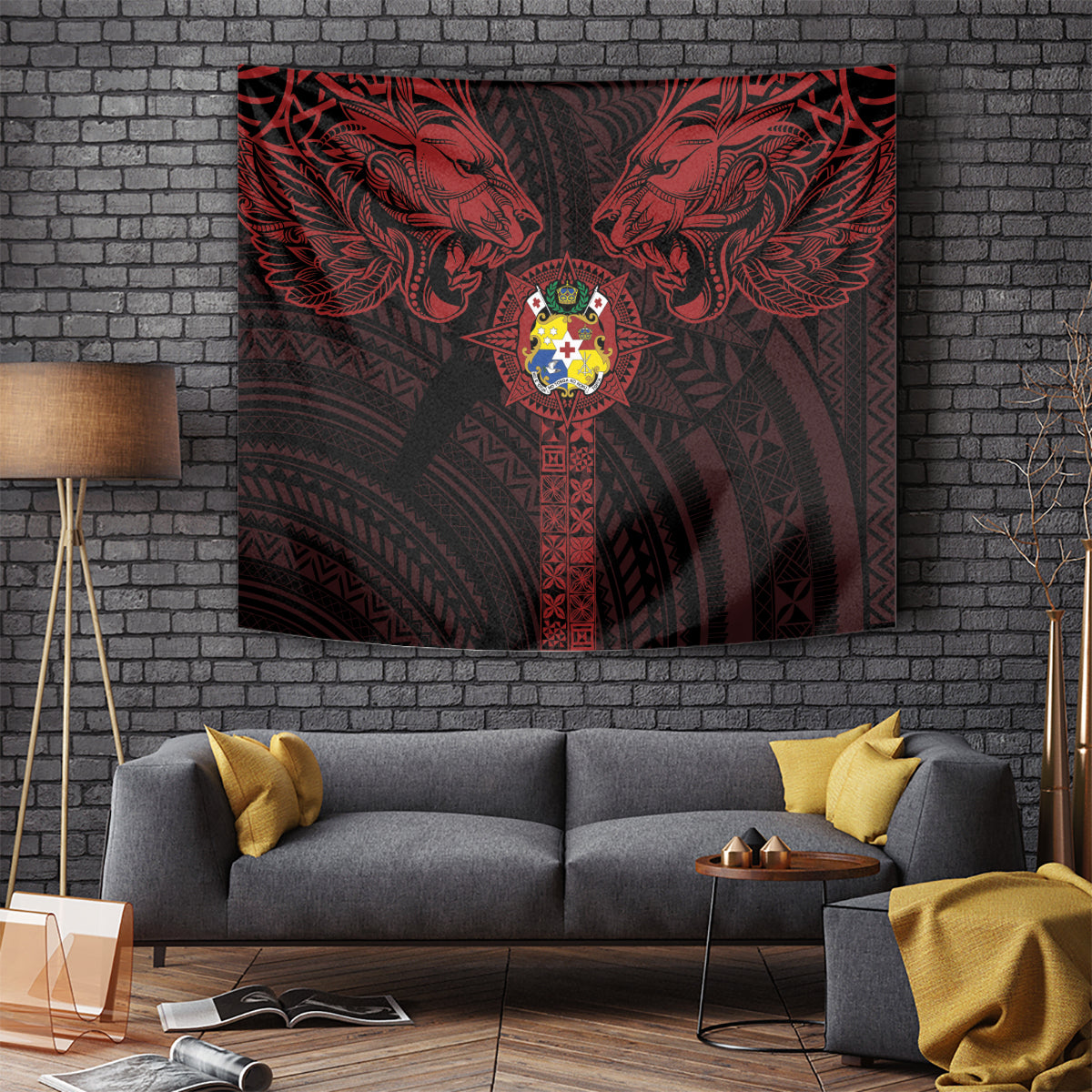 Tonga Independence Day Tapestry Tongatapu Lion Ngatu Motifs Black Ver. LT7 - Polynesian Pride