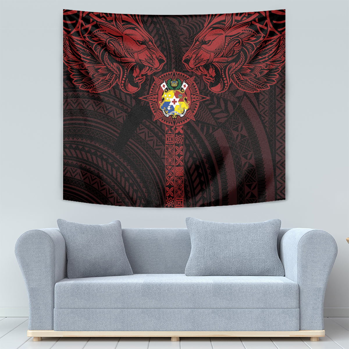 Tonga Independence Day Tapestry Tongatapu Lion Ngatu Motifs Black Ver. LT7 - Polynesian Pride