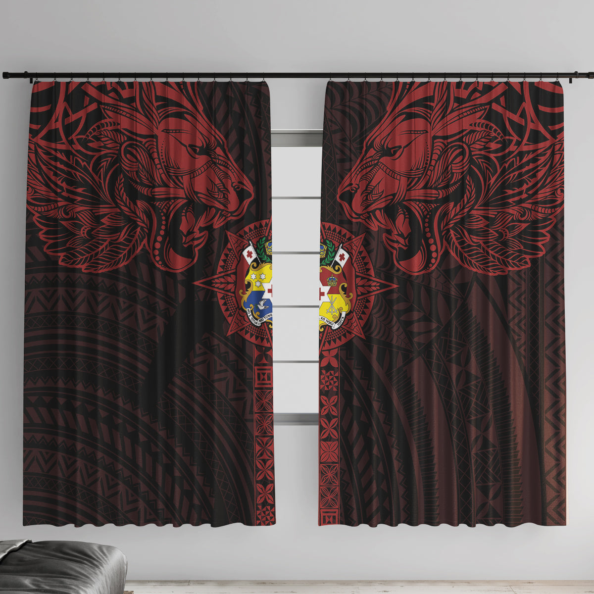 Tonga Independence Day Window Curtain Tongatapu Lion Ngatu Motifs Black Ver.