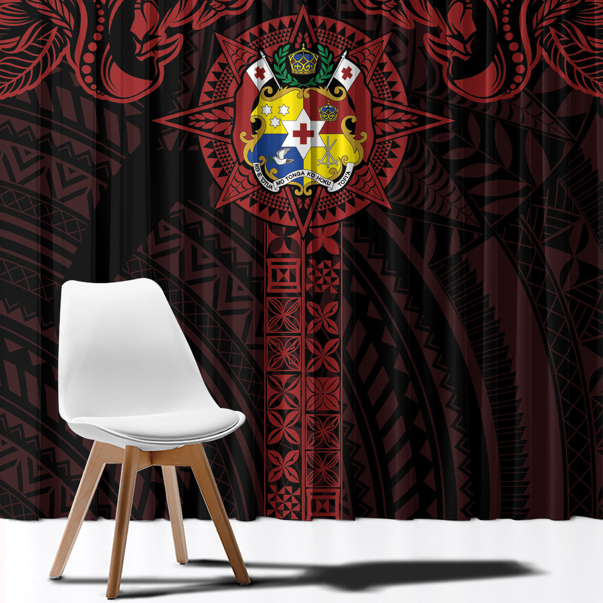 Tonga Independence Day Window Curtain Tongatapu Lion Ngatu Motifs Black Ver. LT7 - Polynesian Pride