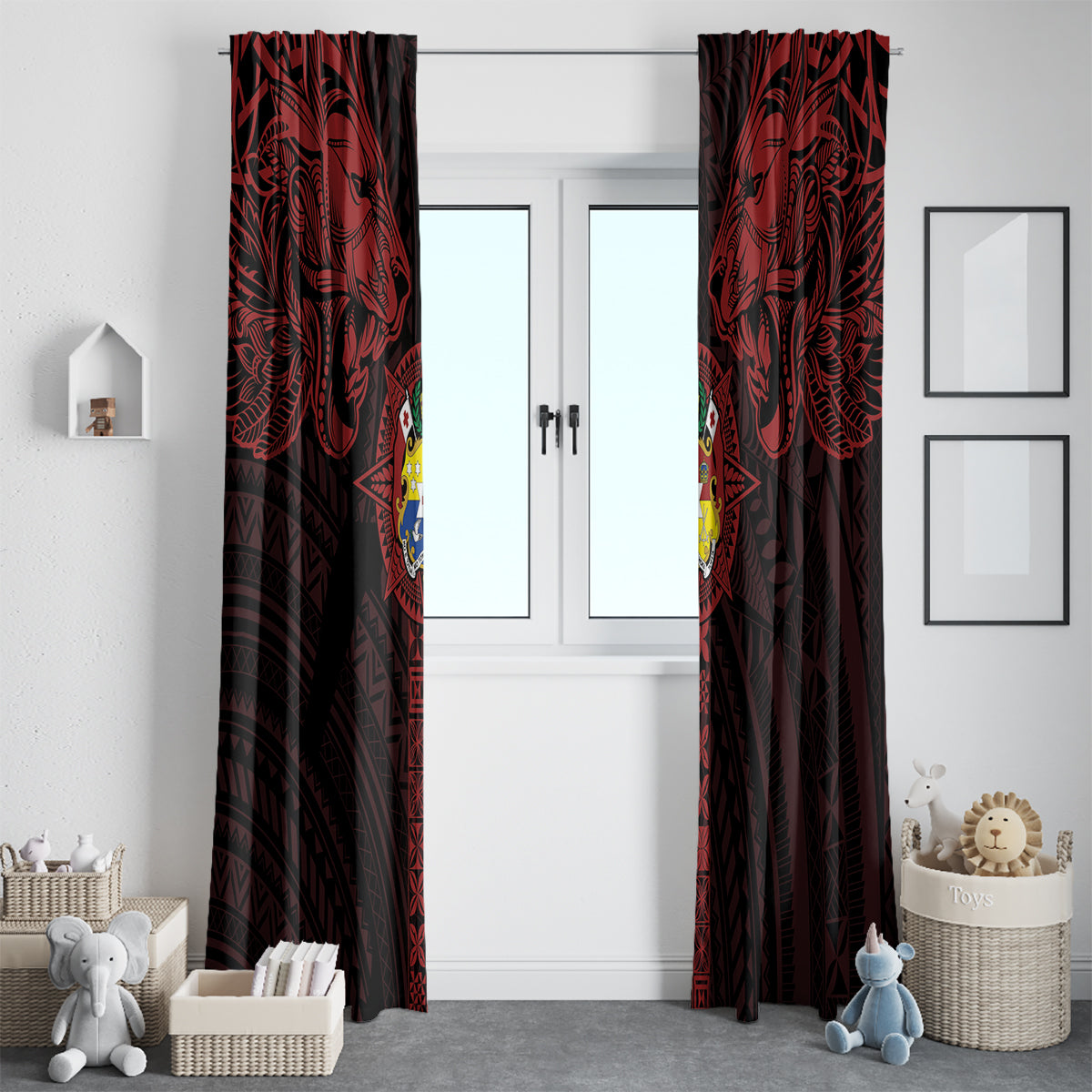 Tonga Independence Day Window Curtain Tongatapu Lion Ngatu Motifs Black Ver. LT7 - Polynesian Pride