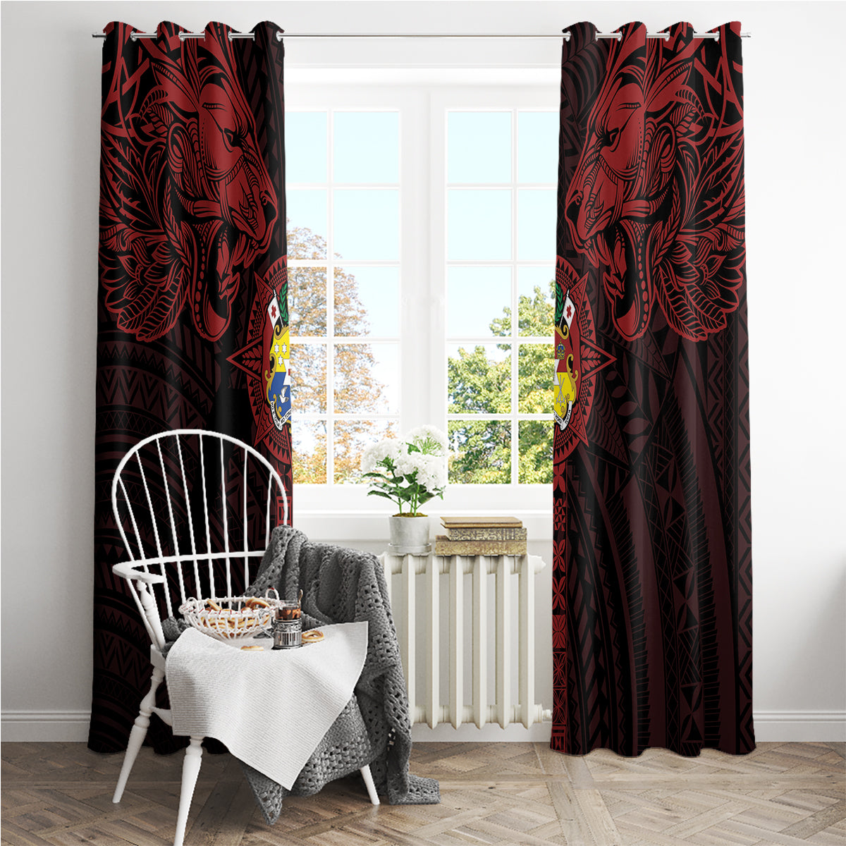 Tonga Independence Day Window Curtain Tongatapu Lion Ngatu Motifs Black Ver. LT7 - Polynesian Pride