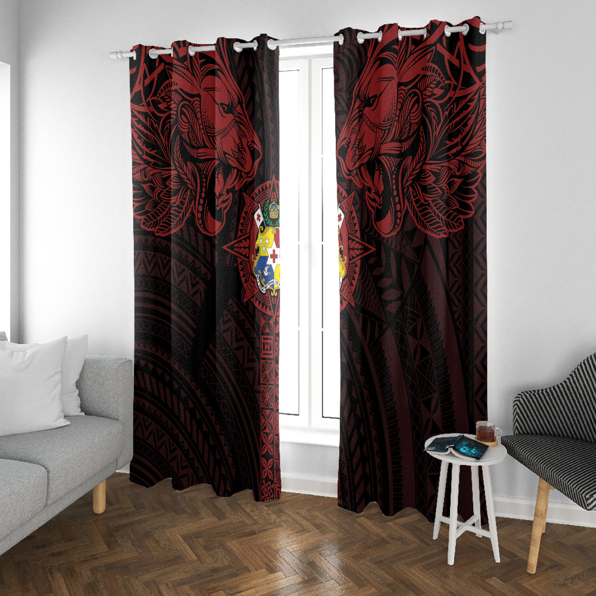 Tonga Independence Day Window Curtain Tongatapu Lion Ngatu Motifs Black Ver. LT7 With Grommets Black - Polynesian Pride