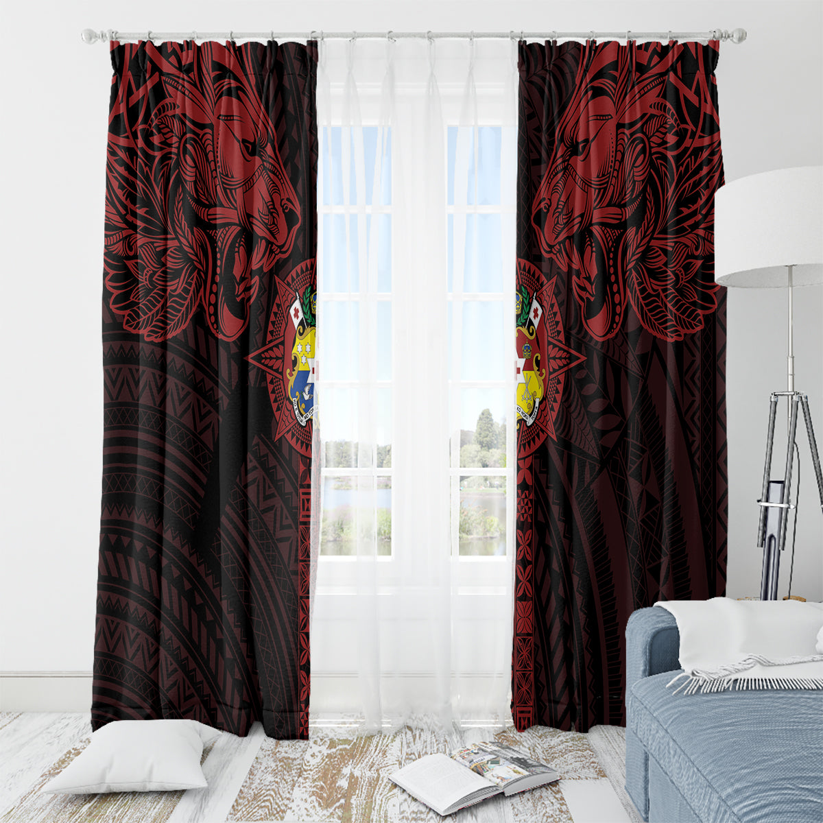 Tonga Independence Day Window Curtain Tongatapu Lion Ngatu Motifs Black Ver. LT7 - Polynesian Pride