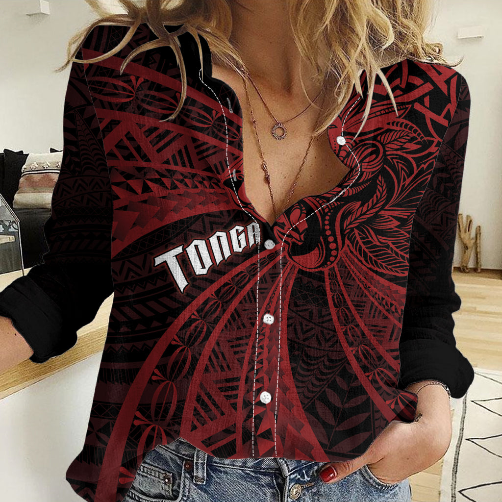 Tonga Independence Day Women Casual Shirt Tongatapu Lion Ngatu Motifs Black Ver.