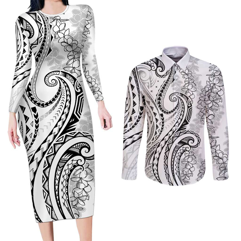 Polynesia Plumeria Lei Couples Matching Long Sleeve Bodycon Dress and Long Sleeve Button Shirt White Curves Motif LT7 White - Polynesian Pride