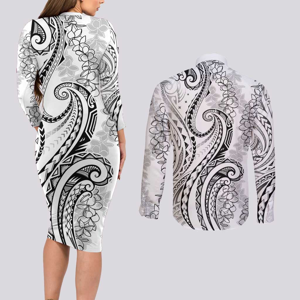 Polynesia Plumeria Lei Couples Matching Long Sleeve Bodycon Dress and Long Sleeve Button Shirt White Curves Motif LT7 - Polynesian Pride