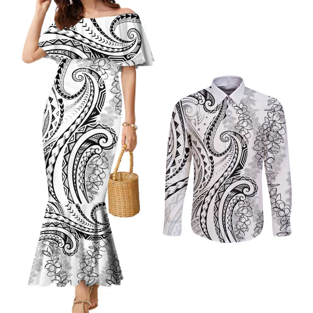 Polynesia Plumeria Lei Couples Matching Mermaid Dress and Long Sleeve Button Shirt White Curves Motif LT7 White - Polynesian Pride