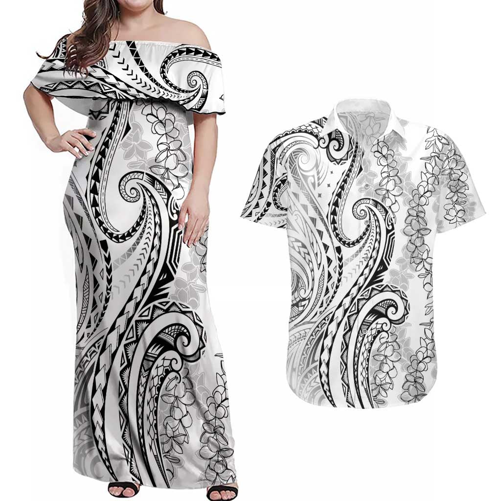 Polynesia Plumeria Lei Couples Matching Off Shoulder Maxi Dress and Hawaiian Shirt White Curves Motif LT7 White - Polynesian Pride