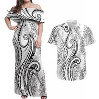 Polynesia Plumeria Lei Couples Matching Off Shoulder Maxi Dress and Hawaiian Shirt White Curves Motif LT7 White - Polynesian Pride