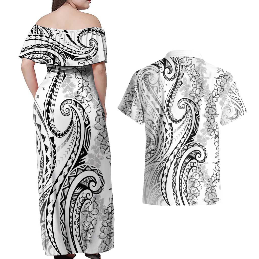 Polynesia Plumeria Lei Couples Matching Off Shoulder Maxi Dress and Hawaiian Shirt White Curves Motif LT7 - Polynesian Pride
