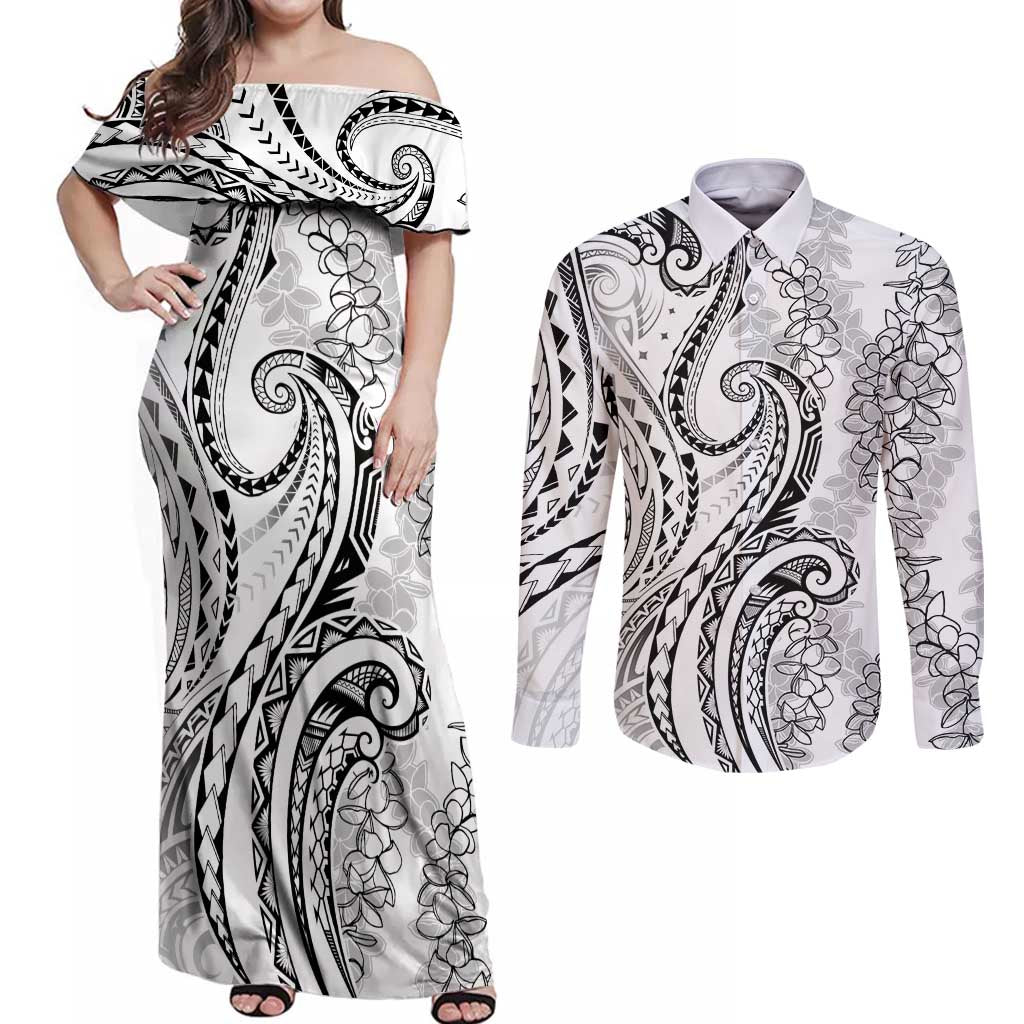 Polynesia Plumeria Lei Couples Matching Off Shoulder Maxi Dress and Long Sleeve Button Shirt White Curves Motif LT7 White - Polynesian Pride