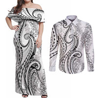 Polynesia Plumeria Lei Couples Matching Off Shoulder Maxi Dress and Long Sleeve Button Shirt White Curves Motif LT7 White - Polynesian Pride