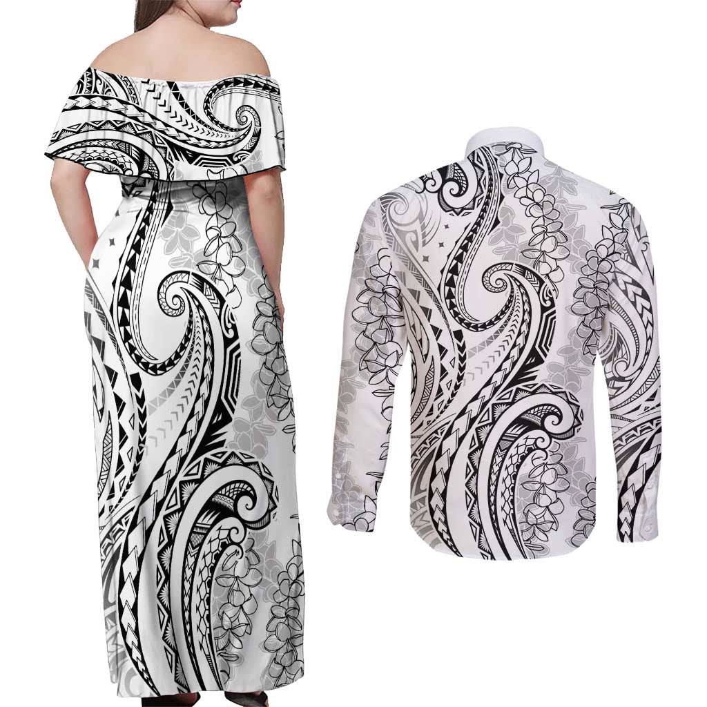 Polynesia Plumeria Lei Couples Matching Off Shoulder Maxi Dress and Long Sleeve Button Shirt White Curves Motif LT7 - Polynesian Pride