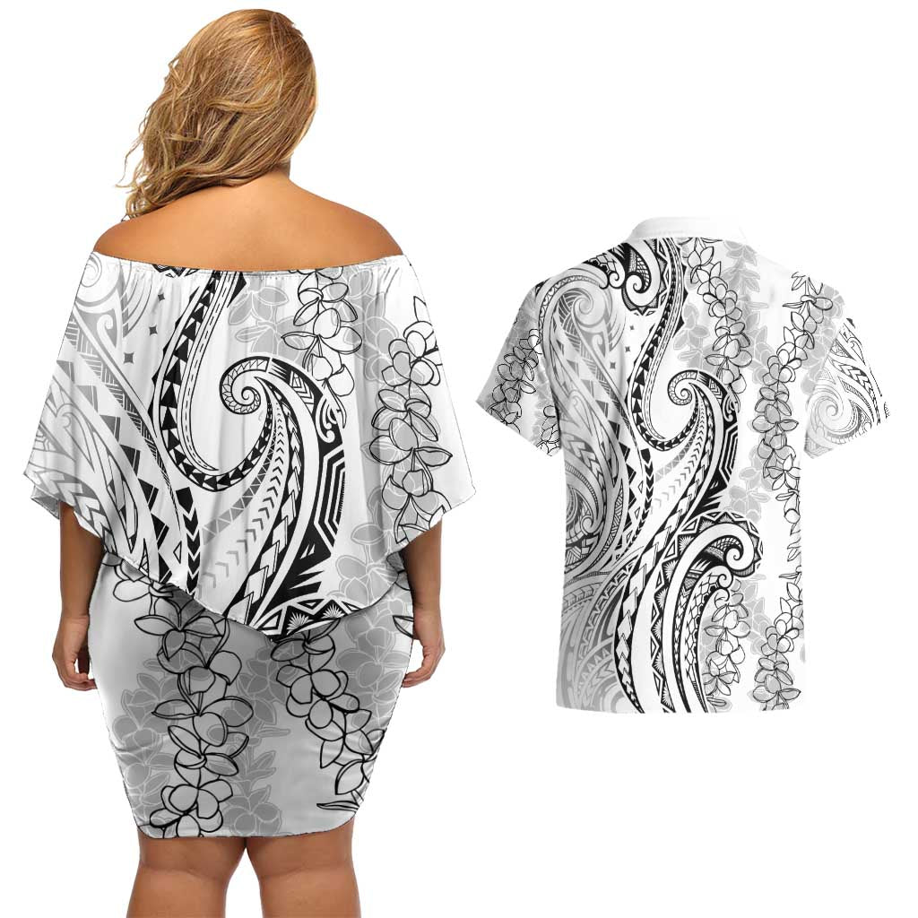 Polynesia Plumeria Lei Couples Matching Off Shoulder Short Dress and Hawaiian Shirt White Curves Motif LT7 - Polynesian Pride