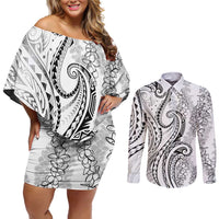Polynesia Plumeria Lei Couples Matching Off Shoulder Short Dress and Long Sleeve Button Shirt White Curves Motif LT7 White - Polynesian Pride