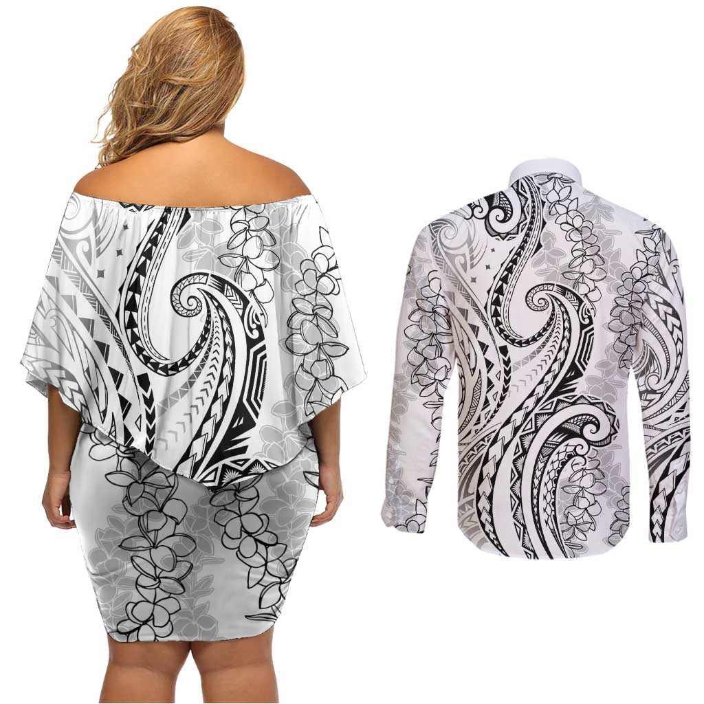 Polynesia Plumeria Lei Couples Matching Off Shoulder Short Dress and Long Sleeve Button Shirt White Curves Motif LT7 - Polynesian Pride
